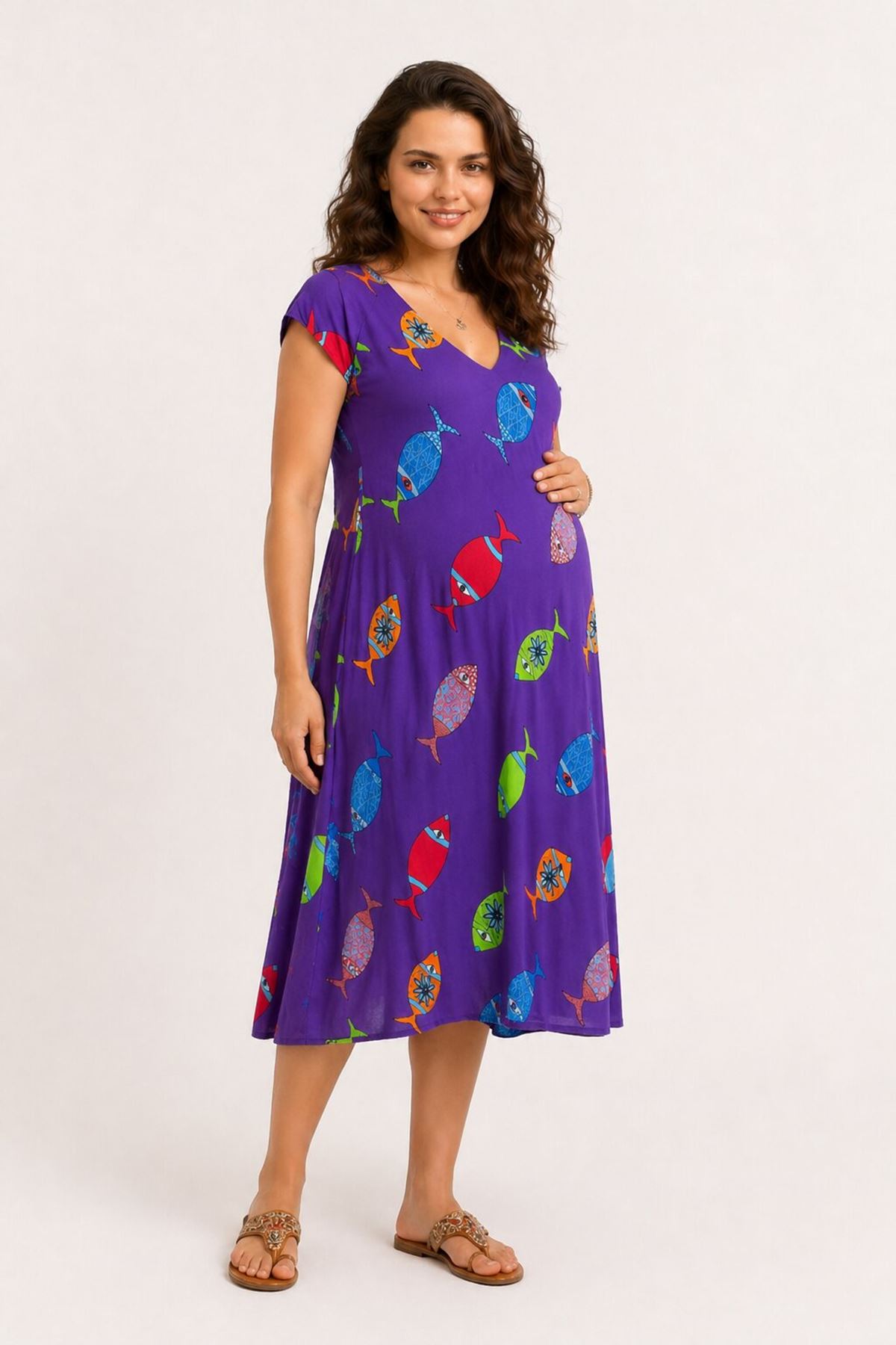 Women’s Purple Viscose Maternity Dress Patterned Summer Midi