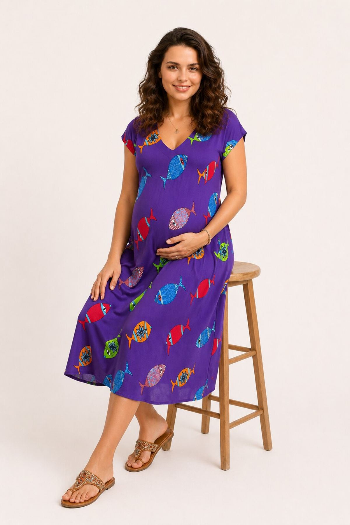 Women’s Purple Viscose Maternity Dress Patterned Summer Midi