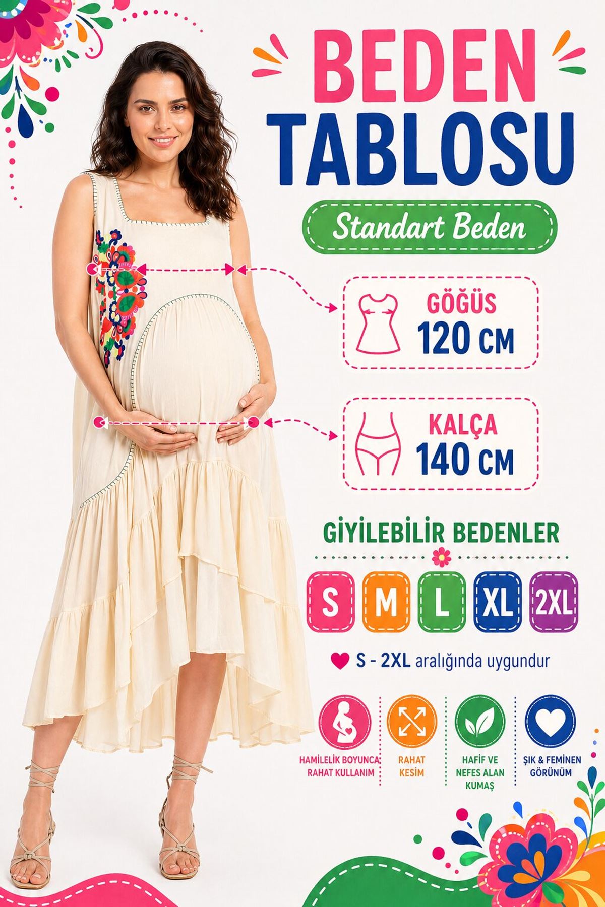 Kadın Ekru Nakışlı Hamile Elbisesi Kolsuz Yazlık Bohem Rahat Kesim Elbise