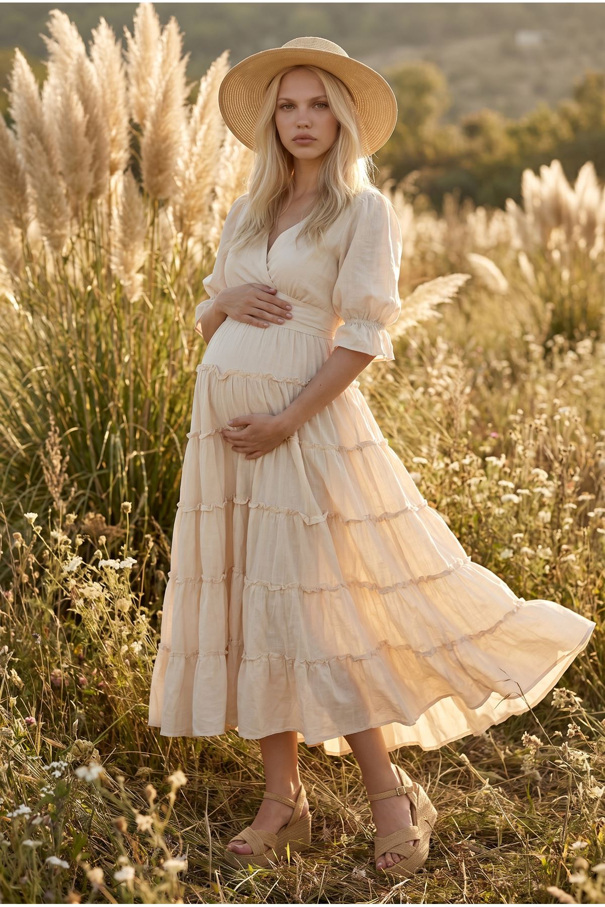 Women’s Maternity Photoshoot Dress Cotton Wrap Neck Boho Maxi