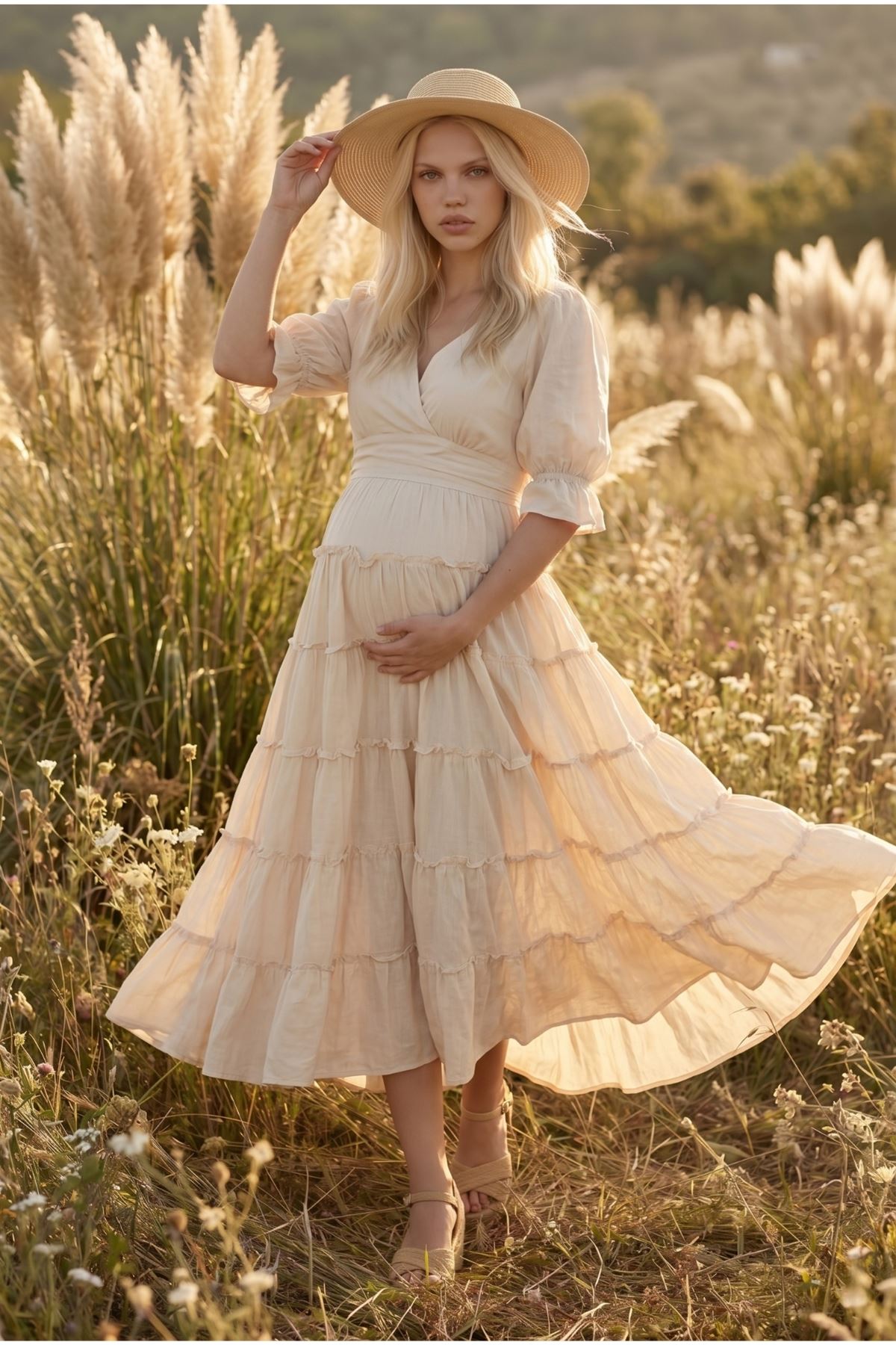 Women’s Maternity Photoshoot Dress Cotton Wrap Neck Boho Maxi