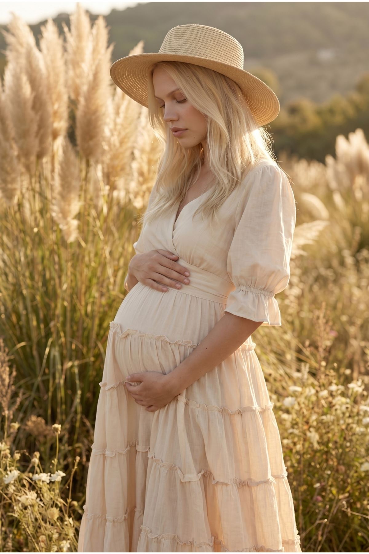 Women’s Maternity Photoshoot Dress Cotton Wrap Neck Boho Maxi