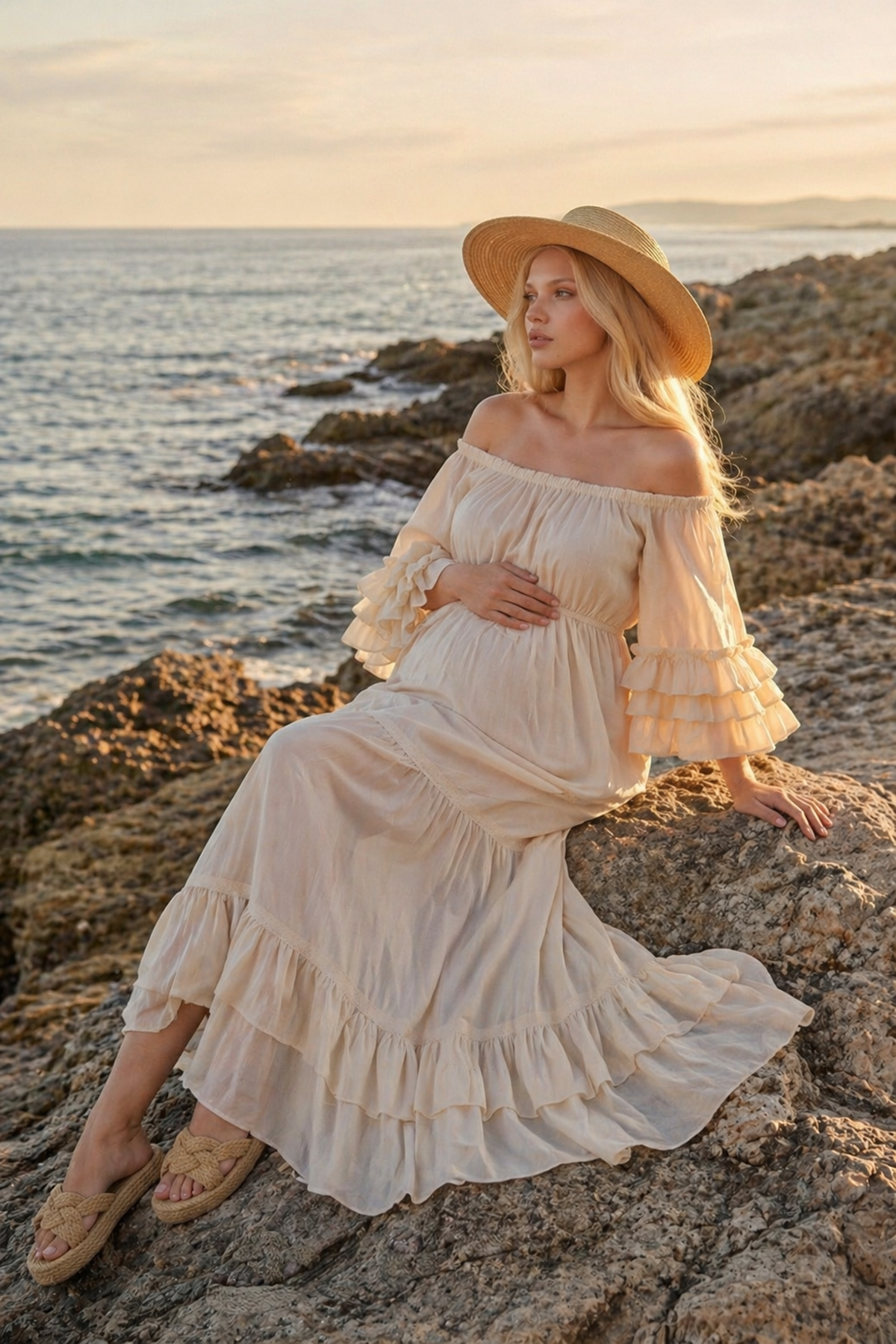 Kadın Hamile Çekim Elbisesi Madonna Yaka Fırfır Detaylı Çok Katlı Kol Ham Pamuk Uzun Elbise