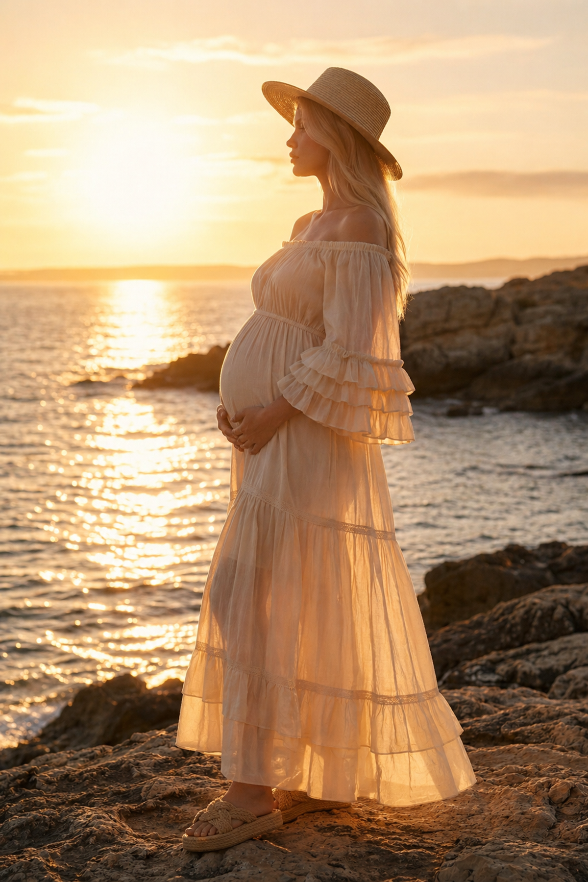 Kadın Hamile Çekim Elbisesi Madonna Yaka Fırfır Detaylı Çok Katlı Kol Ham Pamuk Uzun Elbise