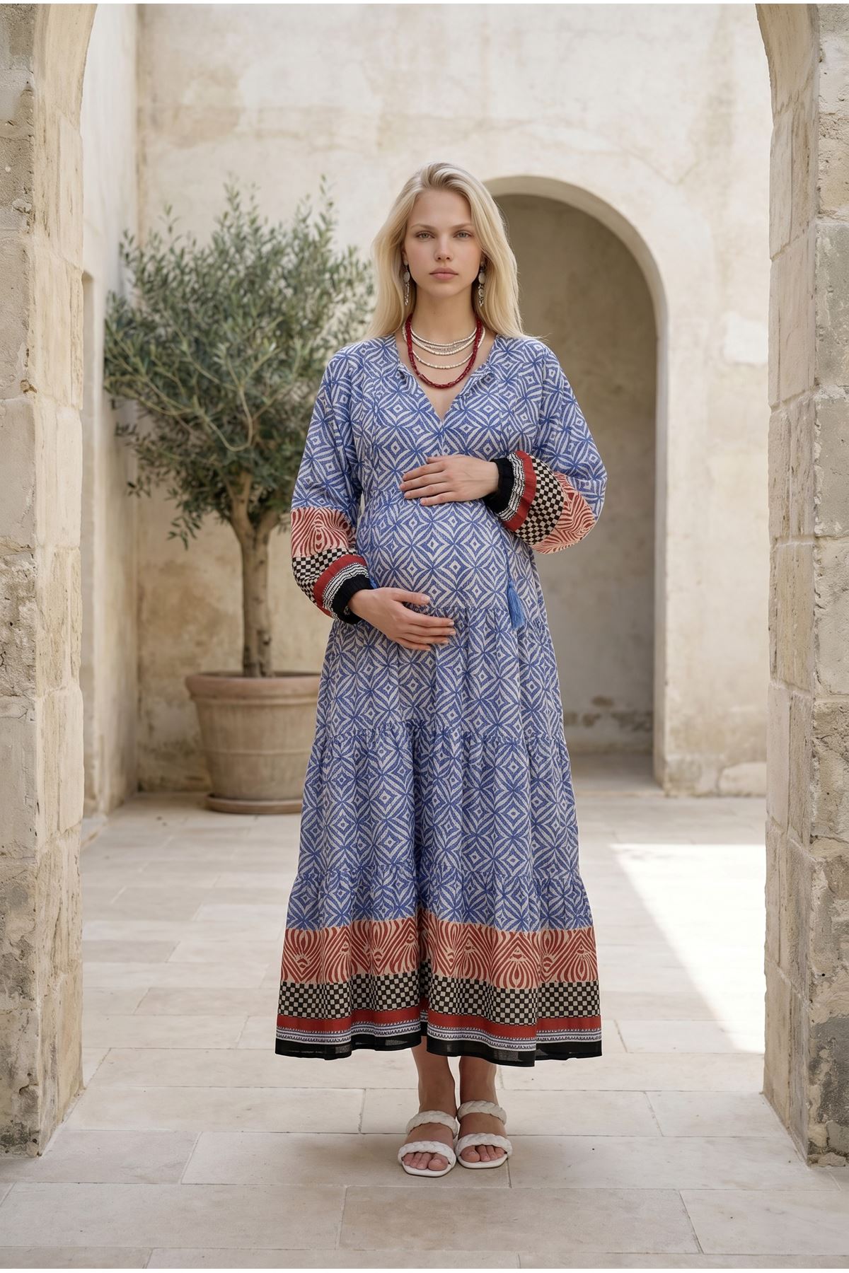 Kadın Püsküllü Yaka Pamuklu Hamile Elbisesi Marin Desenli Uzun Kollu Yazlık Elbise