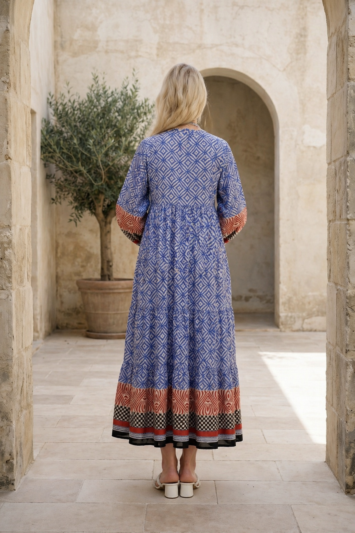 Kadın Püsküllü Yaka Pamuklu Hamile Elbisesi Marin Desenli Uzun Kollu Yazlık Elbise