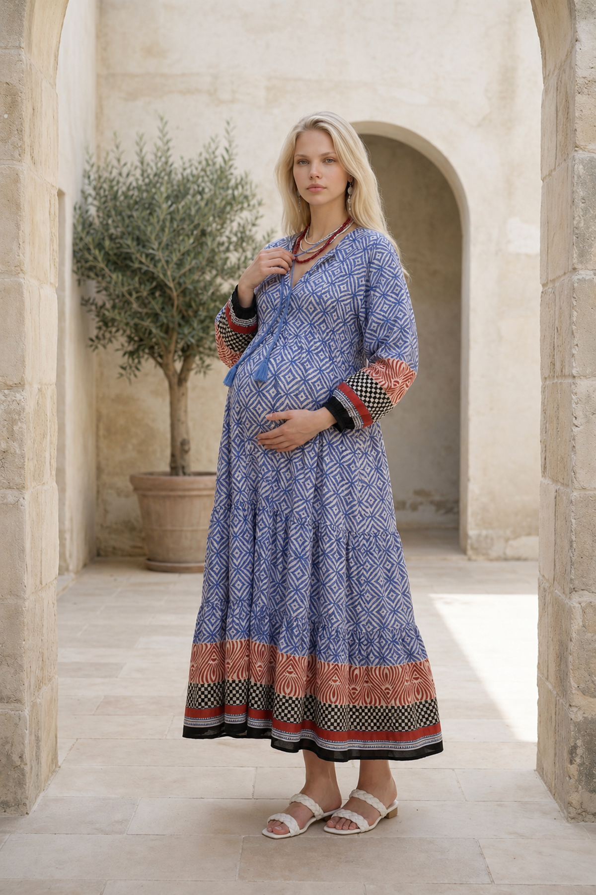 Kadın Püsküllü Yaka Pamuklu Hamile Elbisesi Marin Desenli Uzun Kollu Yazlık Elbise