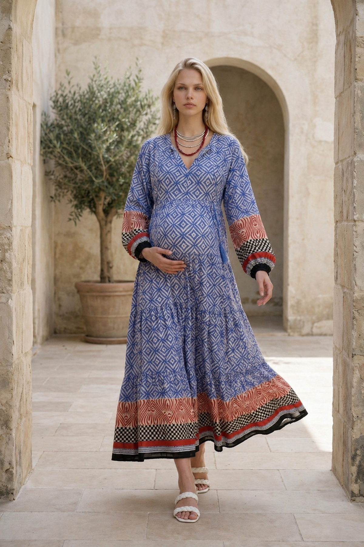 Kadın Püsküllü Yaka Pamuklu Hamile Elbisesi Marin Desenli Uzun Kollu Yazlık Elbise