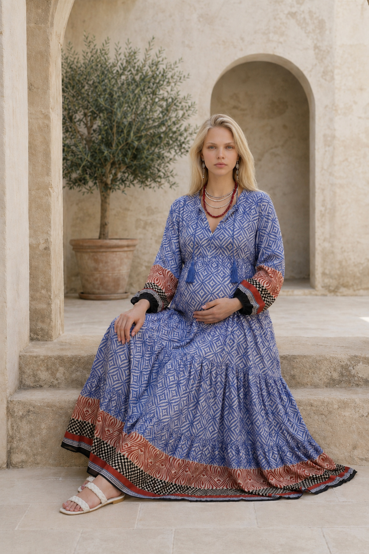 Kadın Püsküllü Yaka Pamuklu Hamile Elbisesi Marin Desenli Uzun Kollu Yazlık Elbise