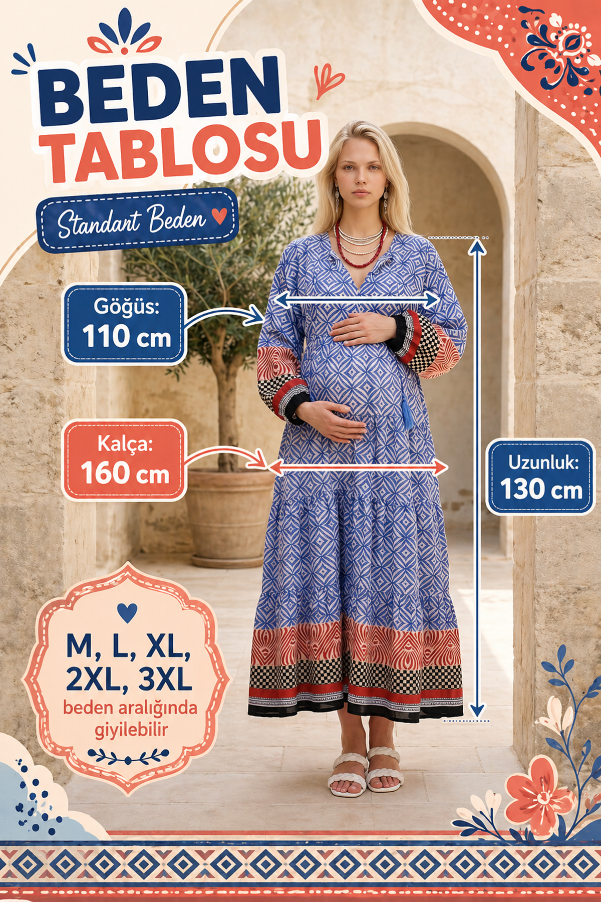 Kadın Püsküllü Yaka Pamuklu Hamile Elbisesi Marin Desenli Uzun Kollu Yazlık Elbise