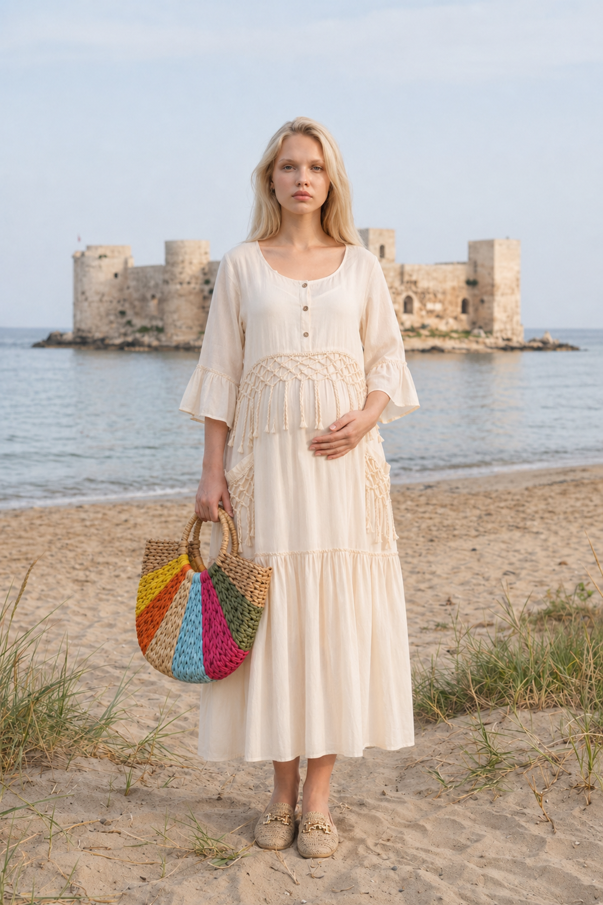 Women’s Raw Cotton Maternity Dress Ecru Boho Maxi Lined with Pockets Summer Dress