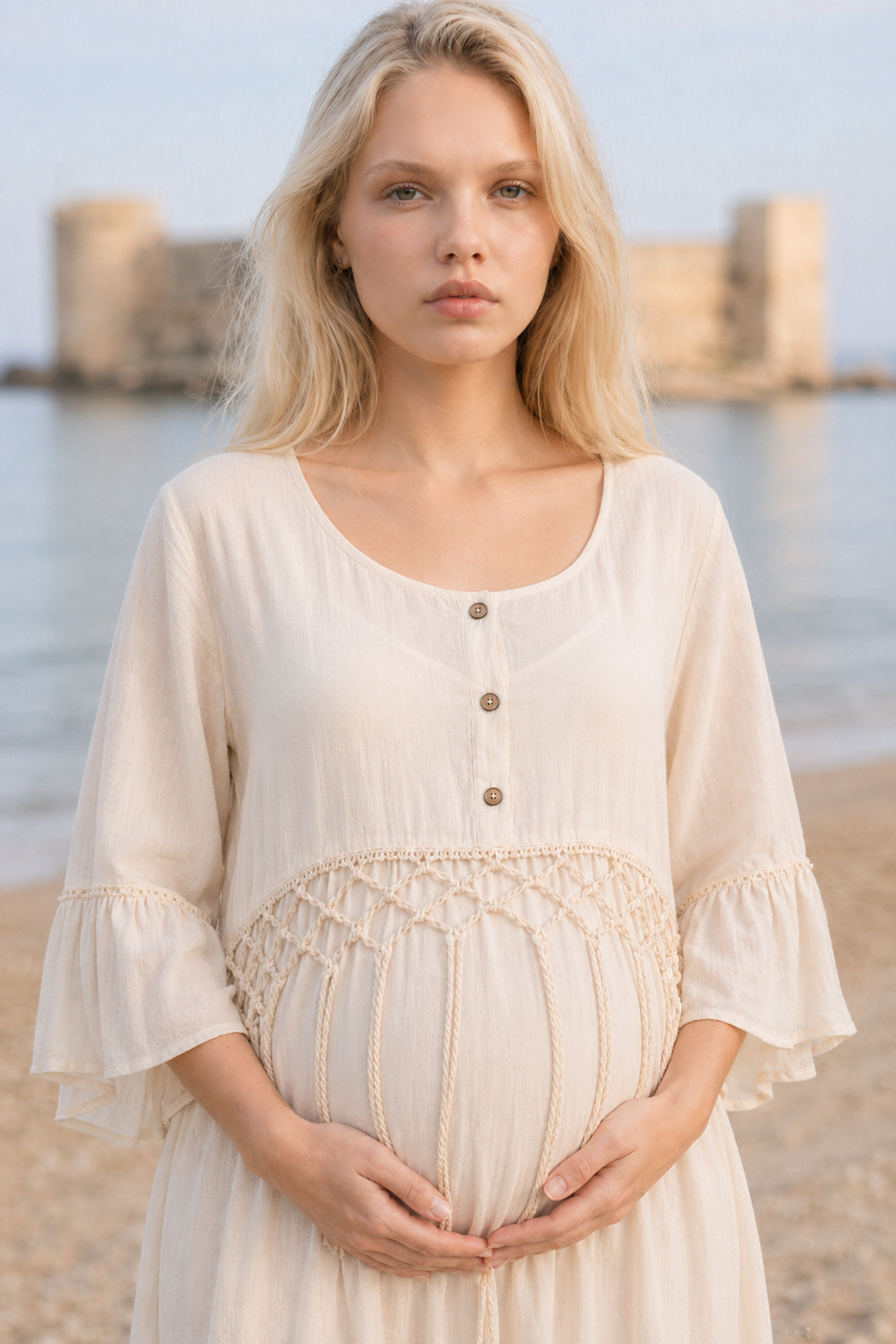 Women’s Raw Cotton Maternity Dress Ecru Boho Maxi Lined with Pockets Summer Dress