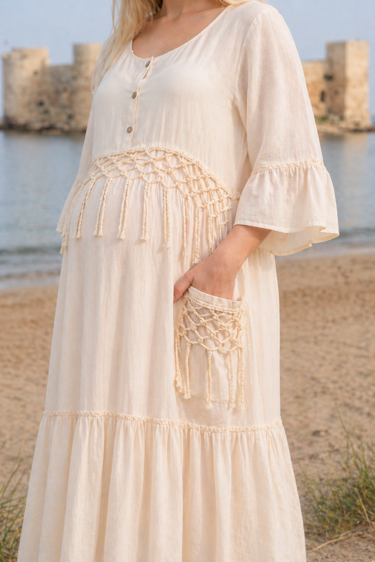 Women’s Raw Cotton Maternity Dress Ecru Boho Maxi Lined with Pockets Summer Dress