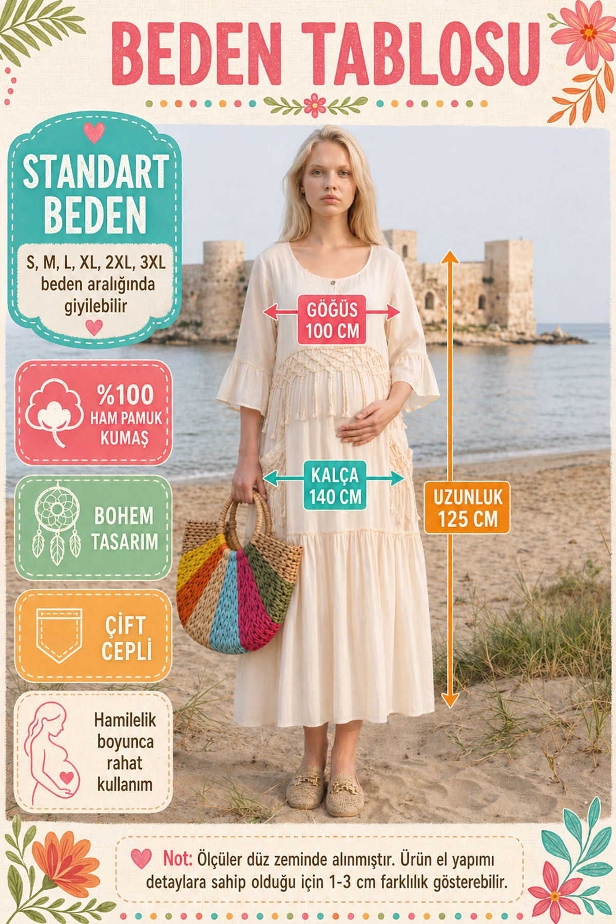 Women’s Raw Cotton Maternity Dress Ecru Boho Maxi Lined with Pockets Summer Dress