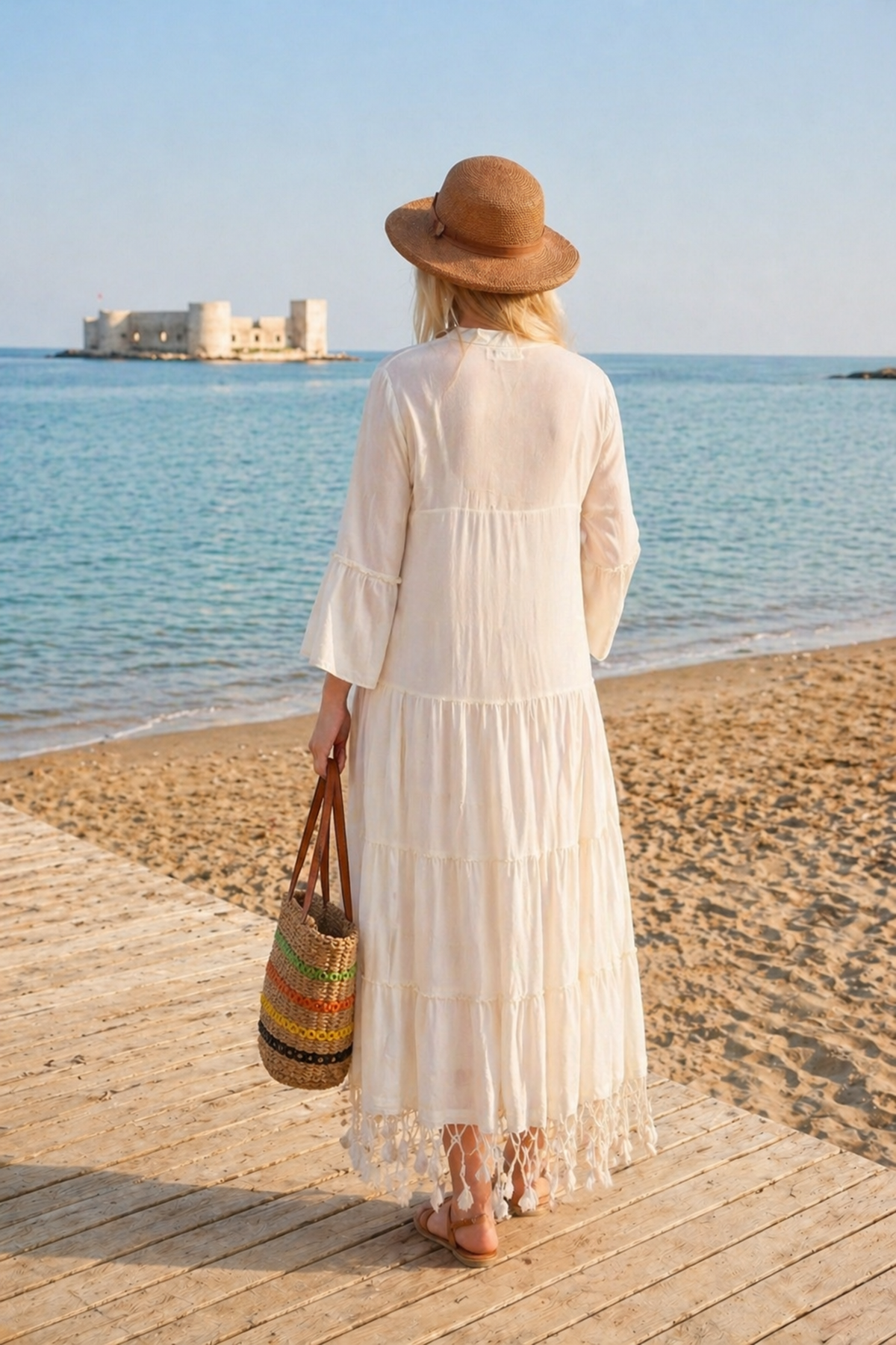 Kadın Ham Pamuk Hamile Gömlek Elbise Ekru Bohem Püsküllü Uzun Yazlık Elbise