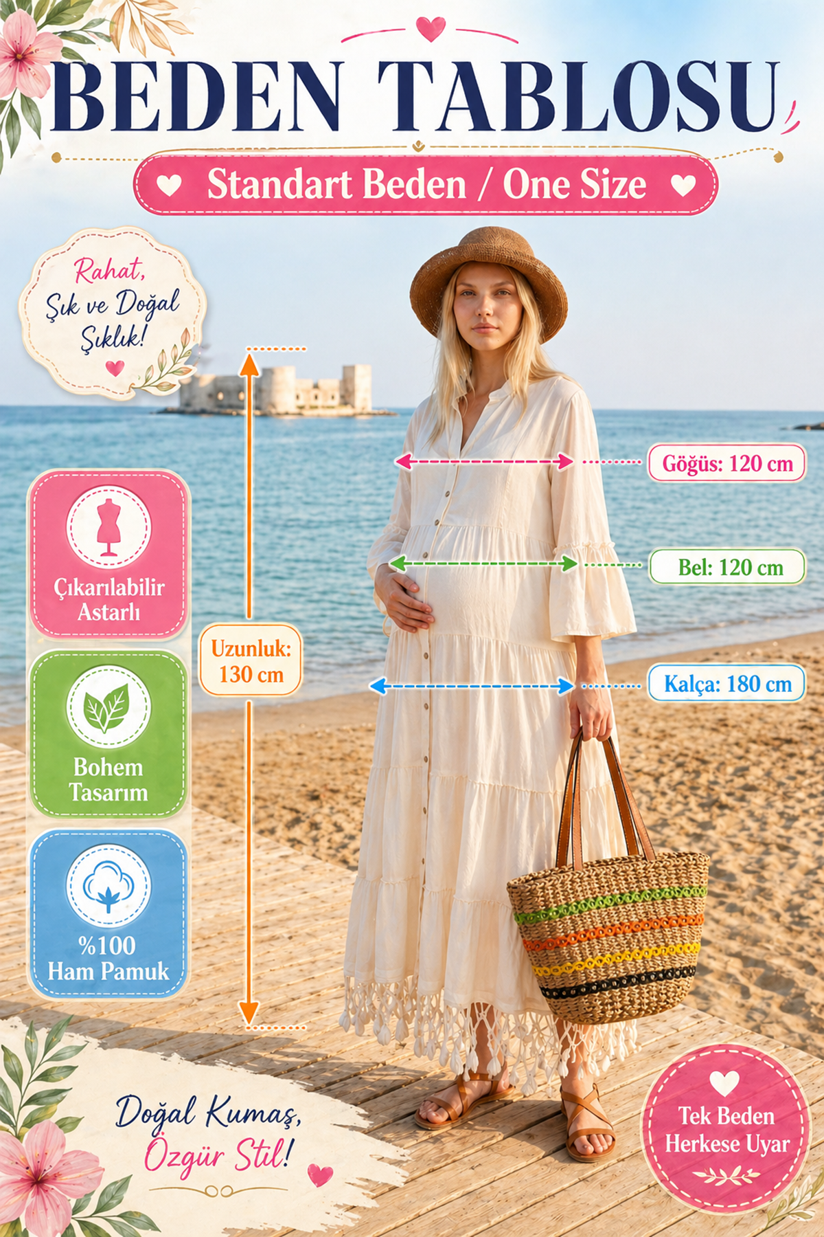 Kadın Ham Pamuk Hamile Gömlek Elbise Ekru Bohem Püsküllü Uzun Yazlık Elbise