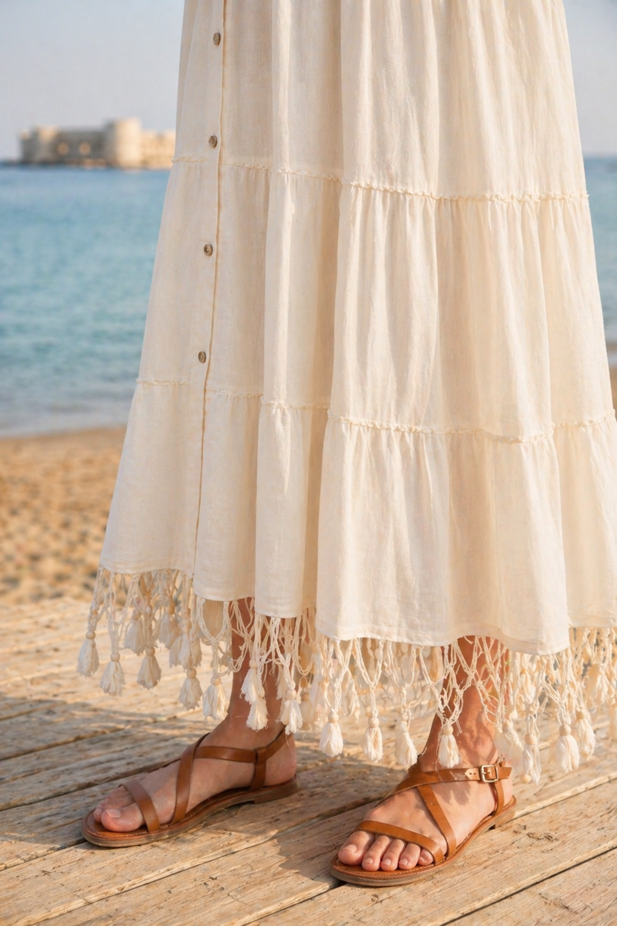 Kadın Ham Pamuk Hamile Gömlek Elbise Ekru Bohem Püsküllü Uzun Yazlık Elbise