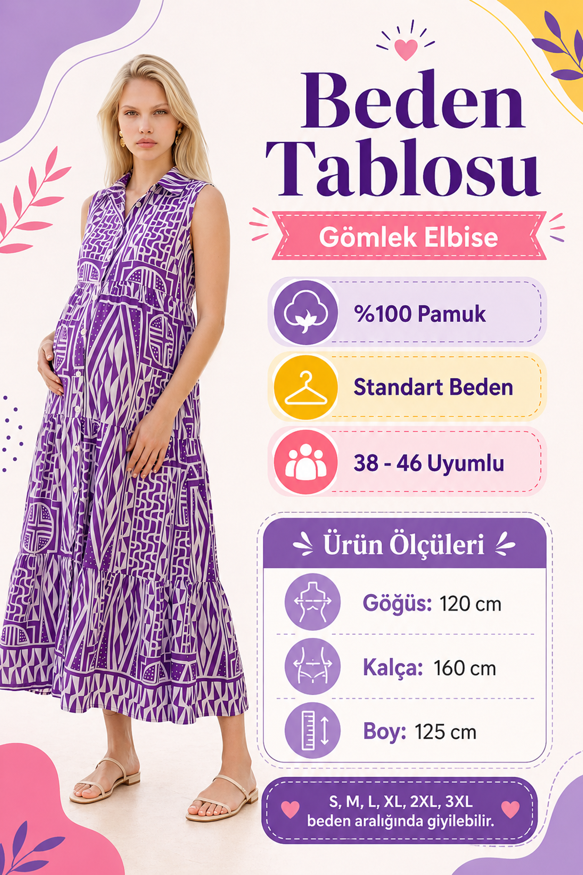 Kadın Pamuk Hamile Gömlek Elbise Mor Geometrik Desenli Kolsuz Yazlık Elbise