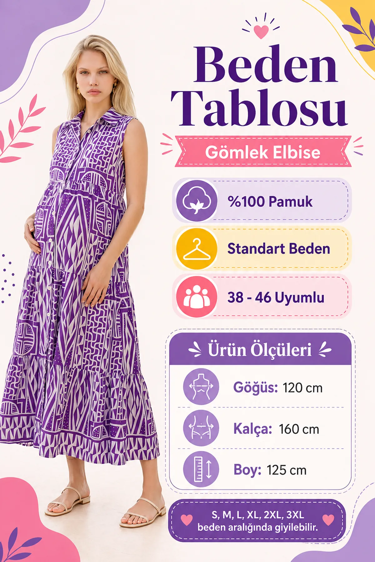 Women’s 100% Cotton Maternity Shirt Dress Purple Geometric Sleeveless Summer Maxi Dress