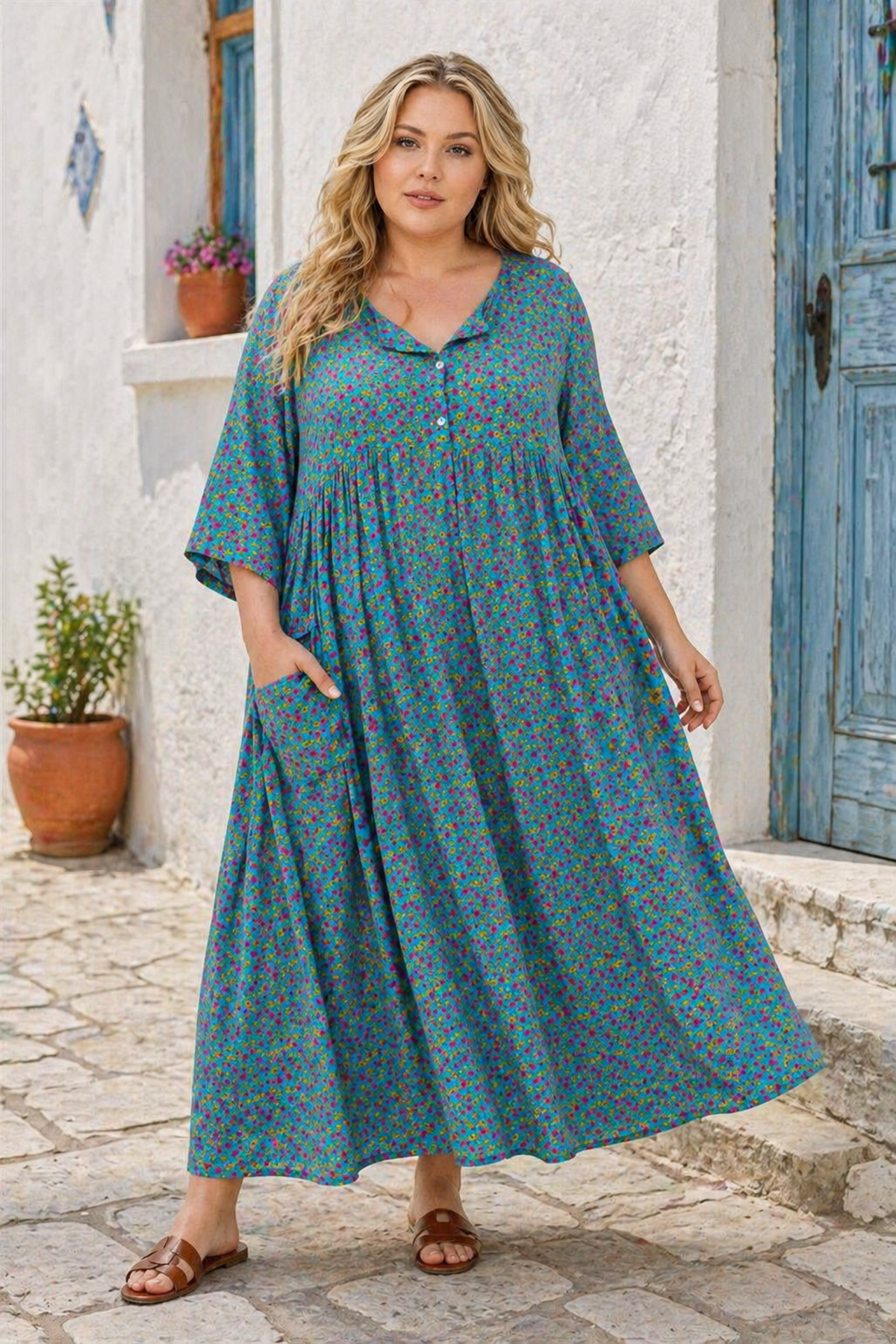 Kadın Büyük Beden Pamuklu Viskon Çiçek Desenli Düğmeli Cepli Turkuaz Yazlık Elbise
