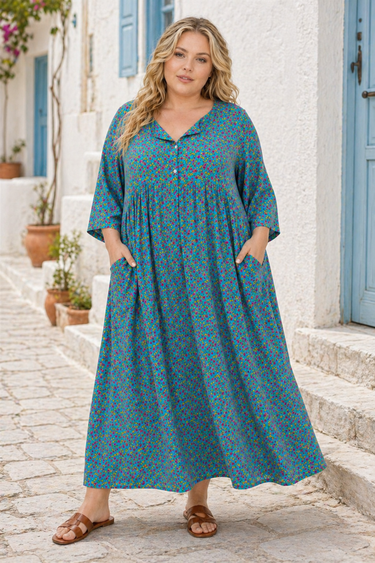 Kadın Büyük Beden Viskon Çiçek Desenli Düğmeli Cepli Turkuaz Yazlık Elbise