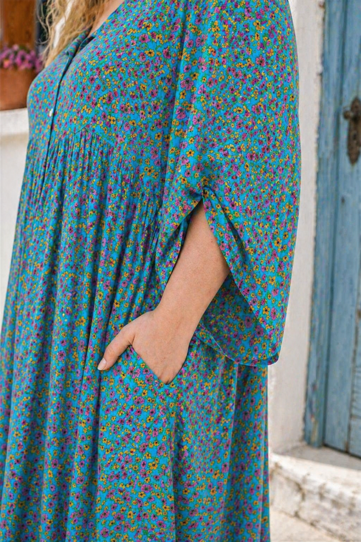 Kadın Büyük Beden Viskon Çiçek Desenli Düğmeli Cepli Turkuaz Yazlık Elbise