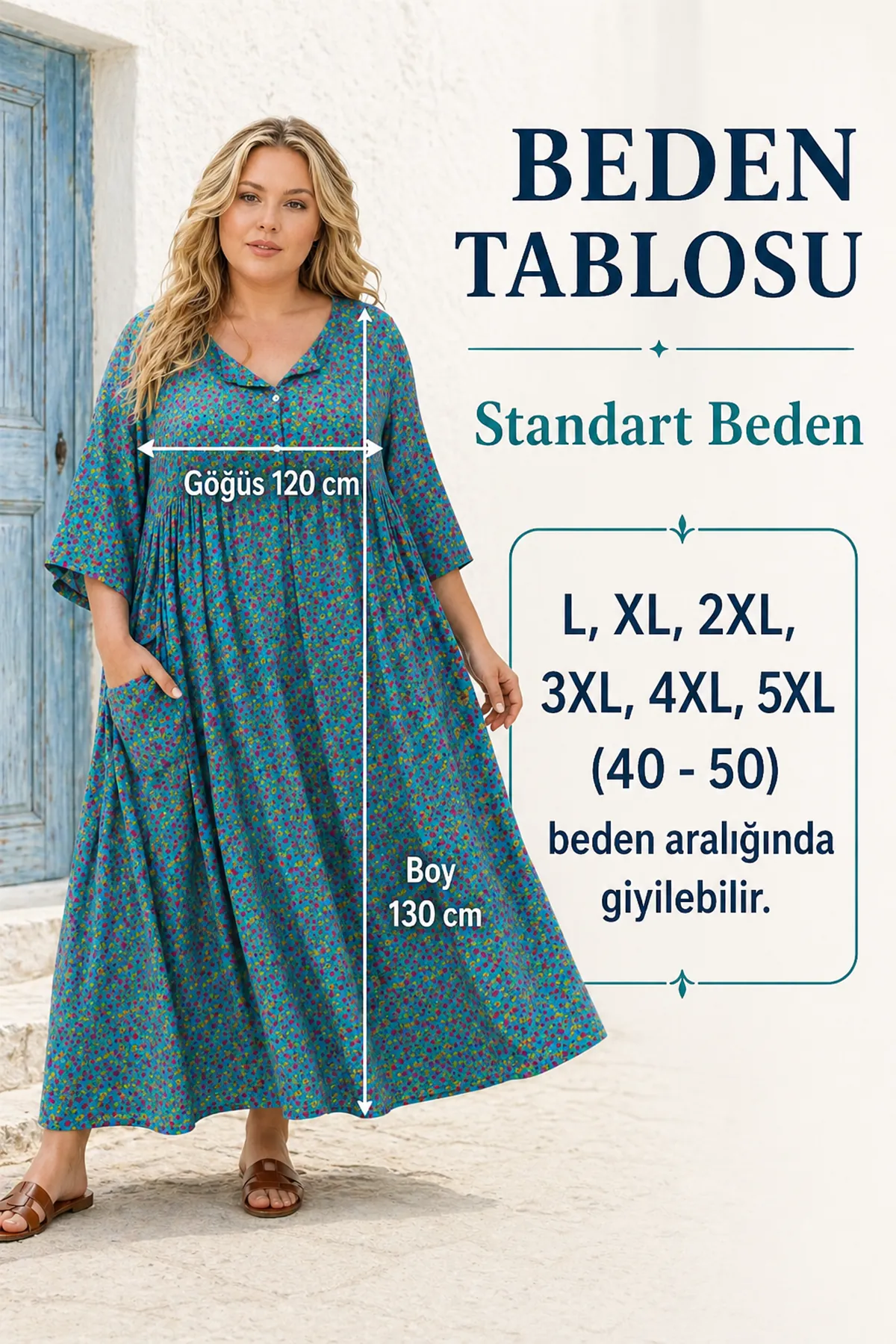 Kadın Büyük Beden Viskon Çiçek Desenli Düğmeli Cepli Turkuaz Yazlık Elbise