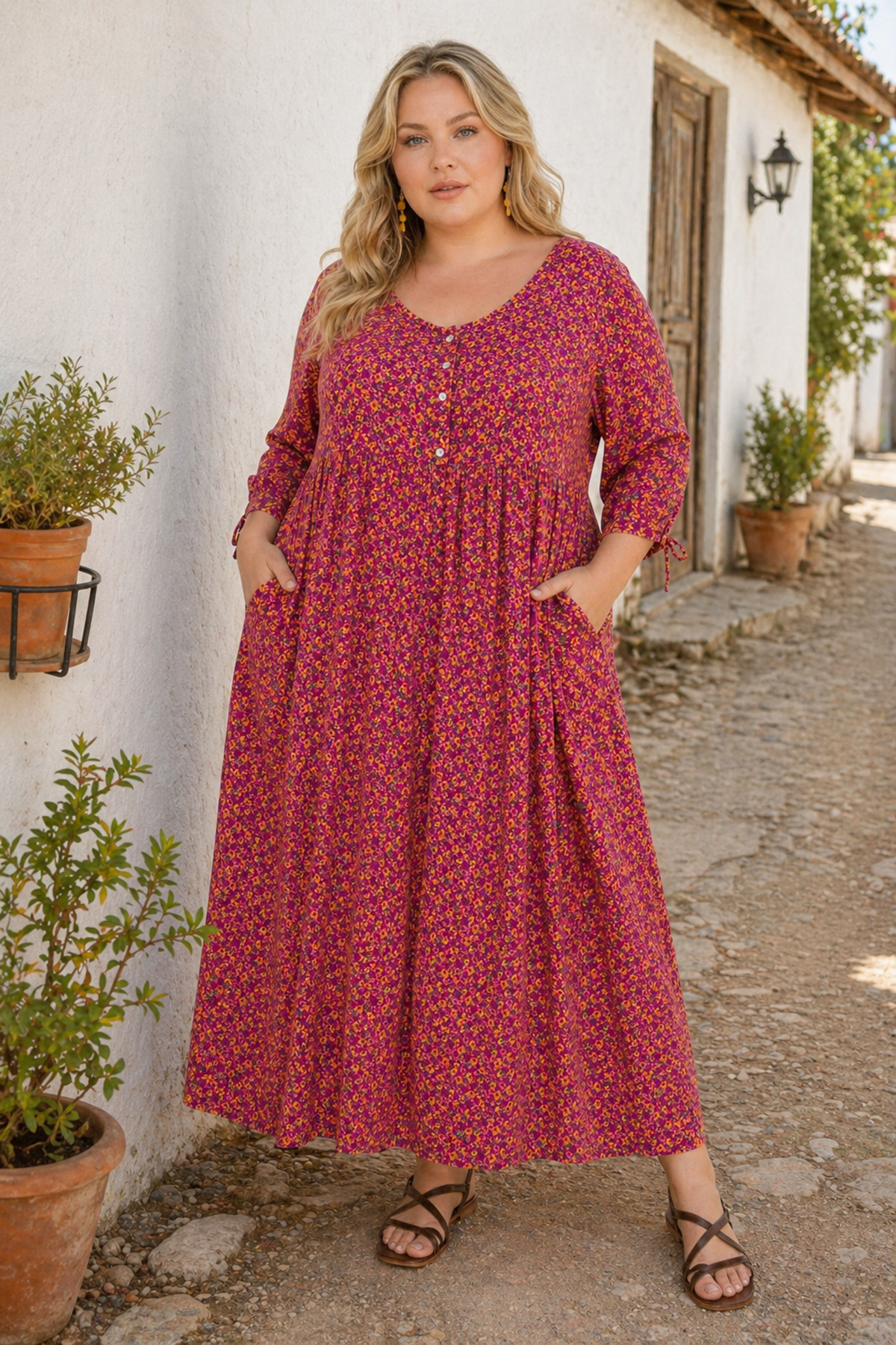 Women’s Plus Size Viscose Dress Floral Pocketed Summer Maxi Dress