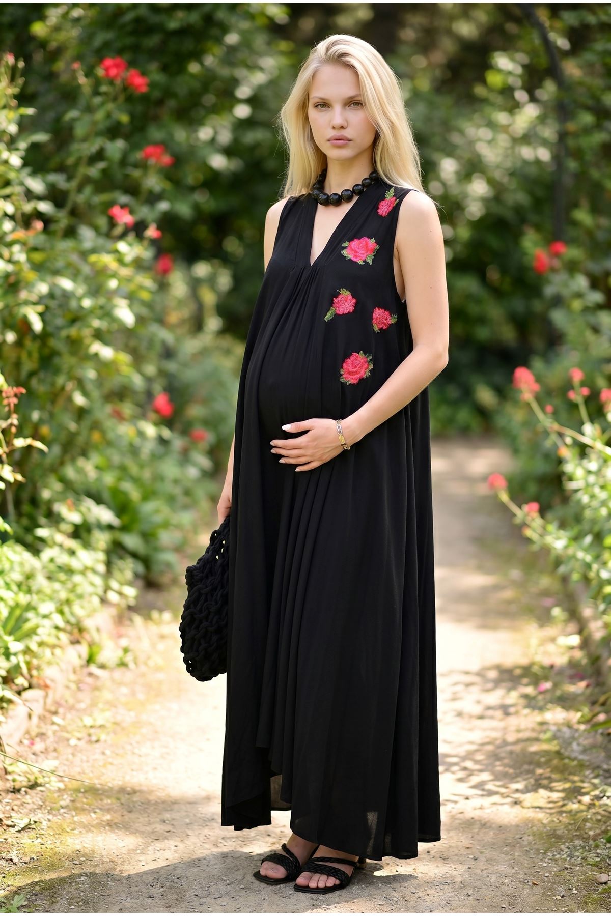 Women Black Embroidered Viscose Maternity Dress Sleeveless Long Summer