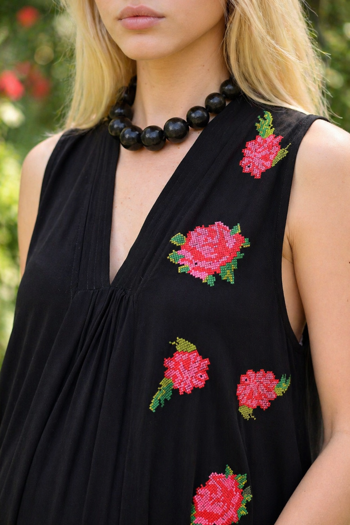 Women Black Embroidered Viscose Maternity Dress Sleeveless Long Summer
