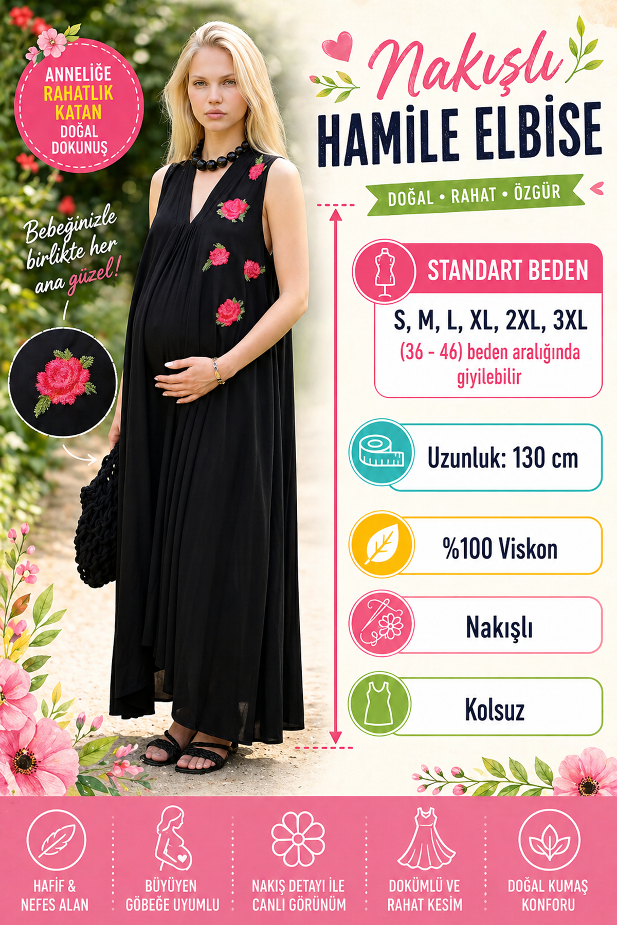 Women Black Embroidered Viscose Maternity Dress Sleeveless Long Summer