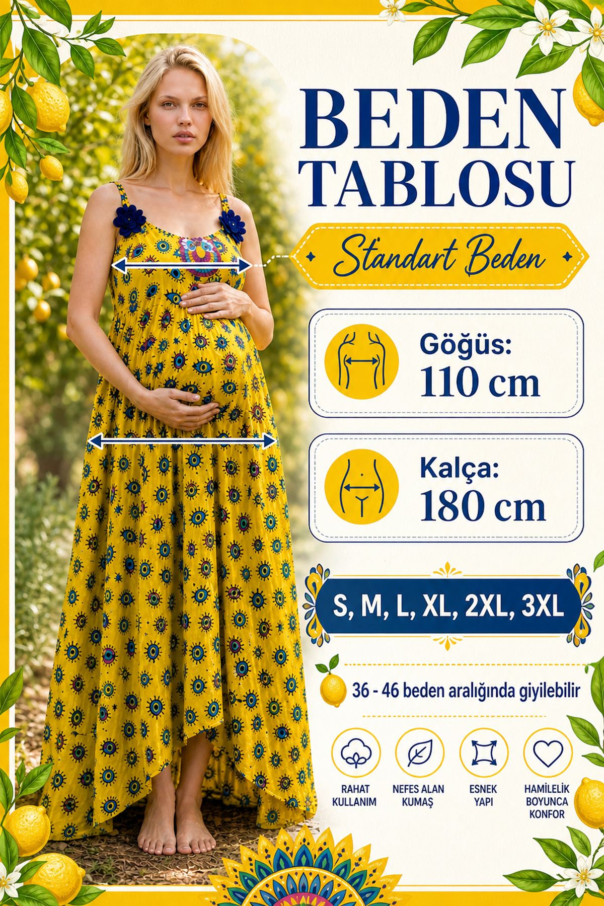 Kadın El İşi Nakışlı Keten Hamile Elbisesi Sarı Bohem Askılı Yazlık Elbise