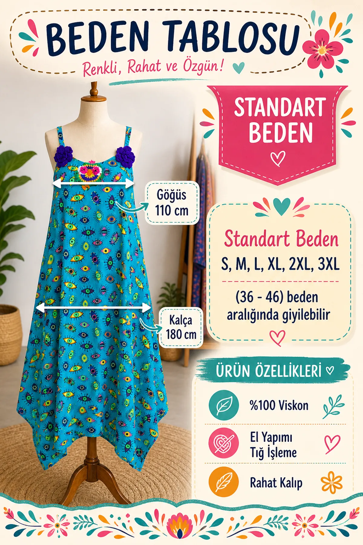 Kadın El İşi Nakışlı Keten Hamile Elbisesi Mavi Bohem Askılı Yazlık Elbise