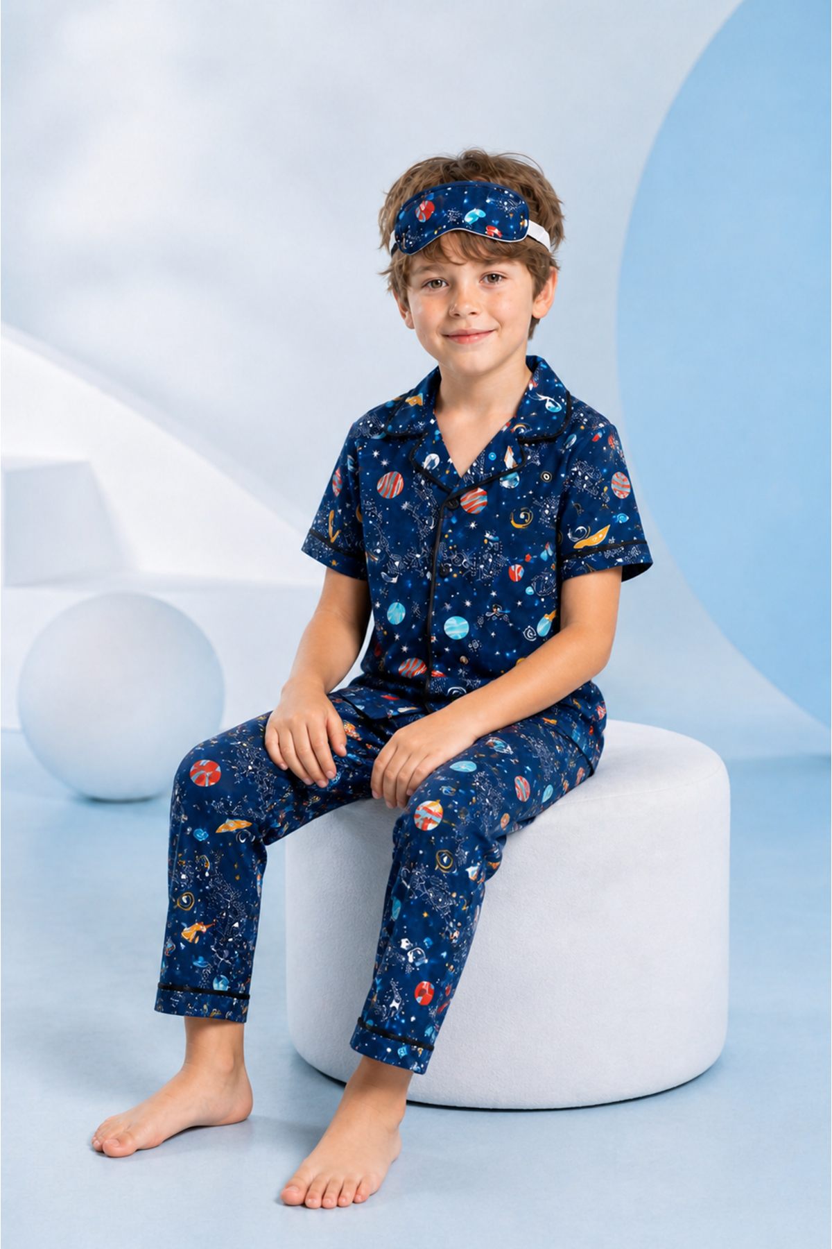 Boys Navy Space-Themed Button-Up Pajama Set Summer Cotton Short Sleeve with Sleep Mask
