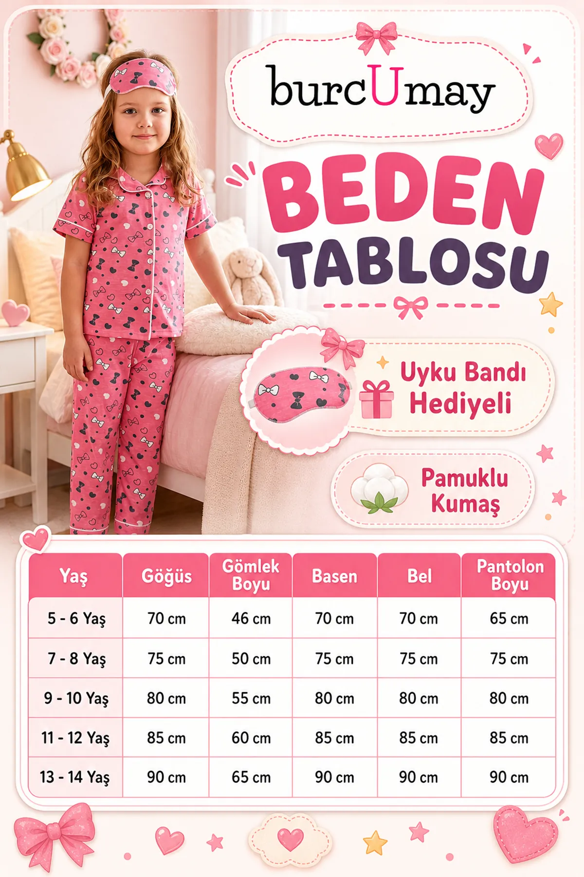 Girls Pink Button-Up Summer Pajama Set Cotton Short Sleeve with Sleep Mask