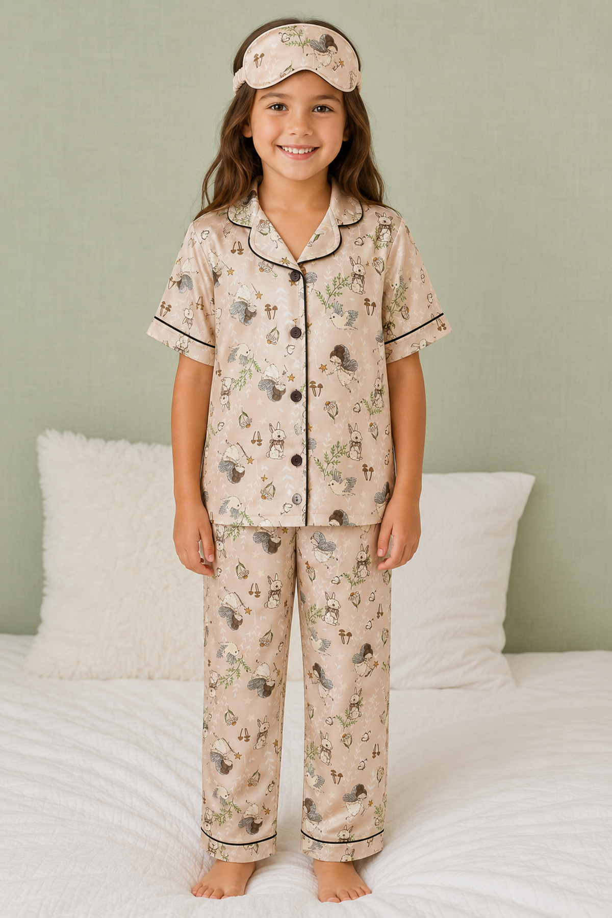  Tavşanlı ve Peri Kızı Desenli Kız Çocuk Düğmeli Pijama Takımı Yazlık Pamuklu Kısa Kollu Uyku Bantlı