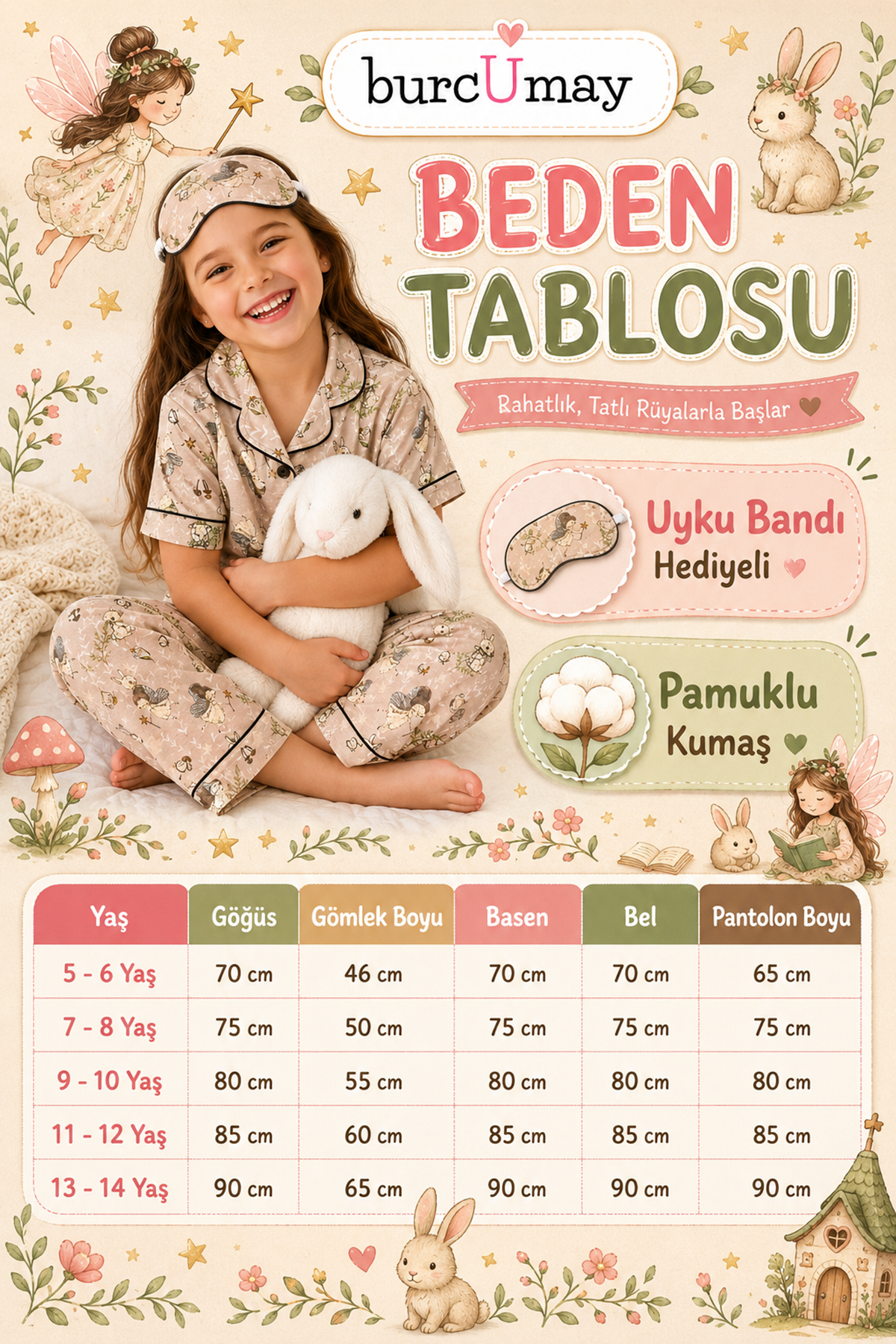  Tavşanlı ve Peri Kızı Desenli Kız Çocuk Düğmeli Pijama Takımı Yazlık Pamuklu Kısa Kollu Uyku Bantlı