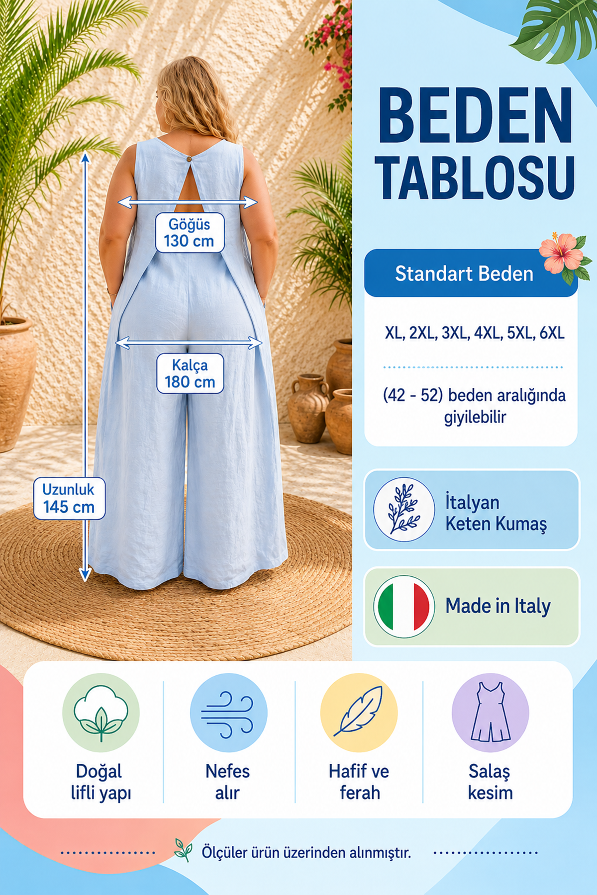 Plus Size Blue Back Cut-Out Summer Italian Linen Jumpsuit