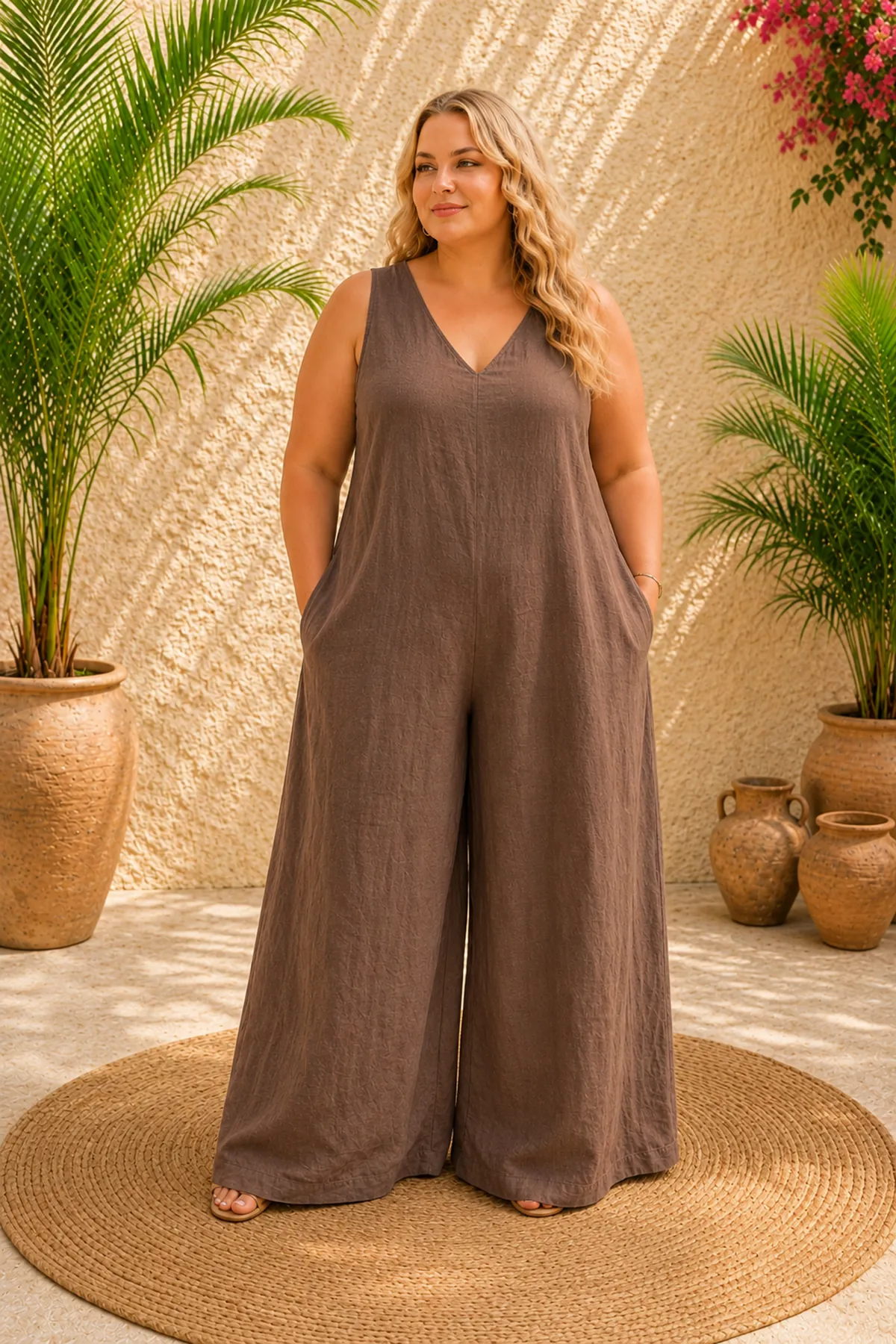 Women Plus Size Brown Linen Jumpsuit Sleeveless Back Cut-Out Summer Italian Fabric