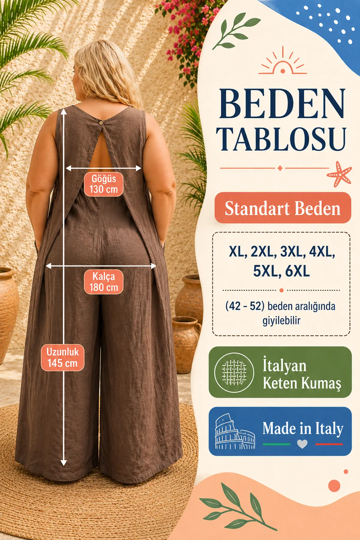 Women Plus Size Brown Linen Jumpsuit Sleeveless Back Cut-Out Summer Italian Fabric