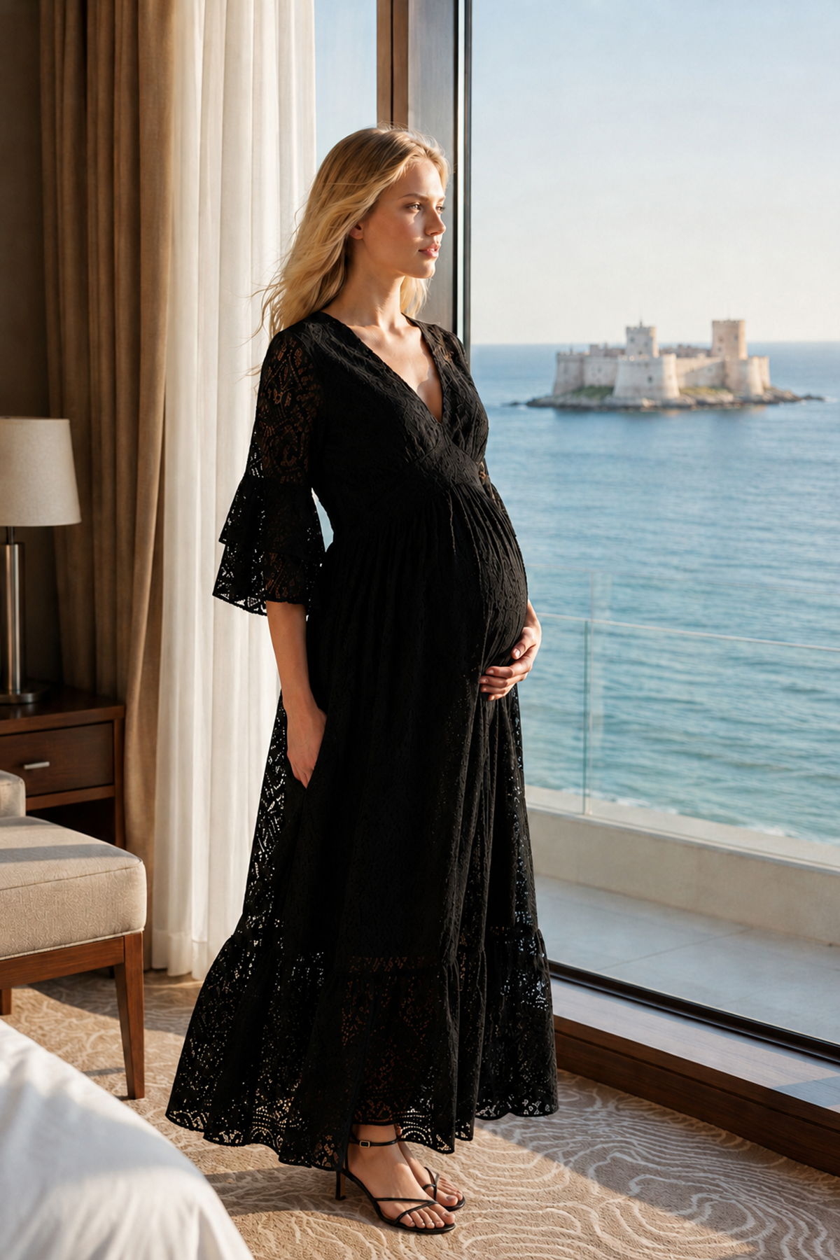 Black Cotton Lace Maternity Dress Lined V Neck Italian Fabric Style