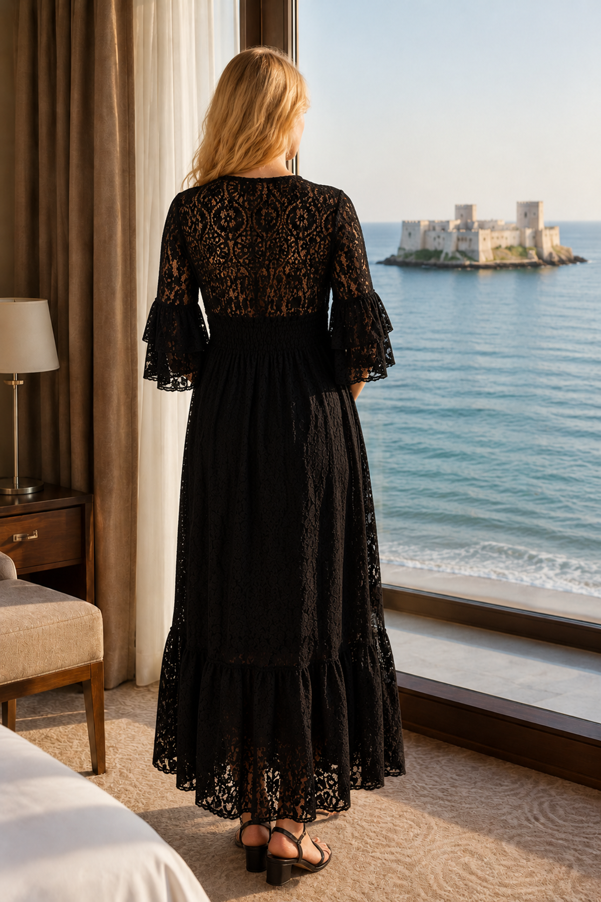 Black Cotton Lace Maternity Dress Lined V Neck Italian Fabric Style