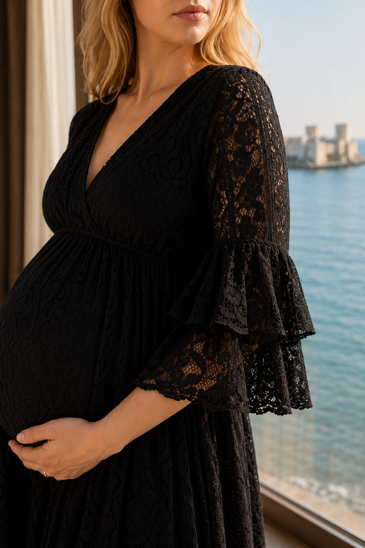 Black Cotton Lace Maternity Dress Lined V Neck Italian Fabric Style