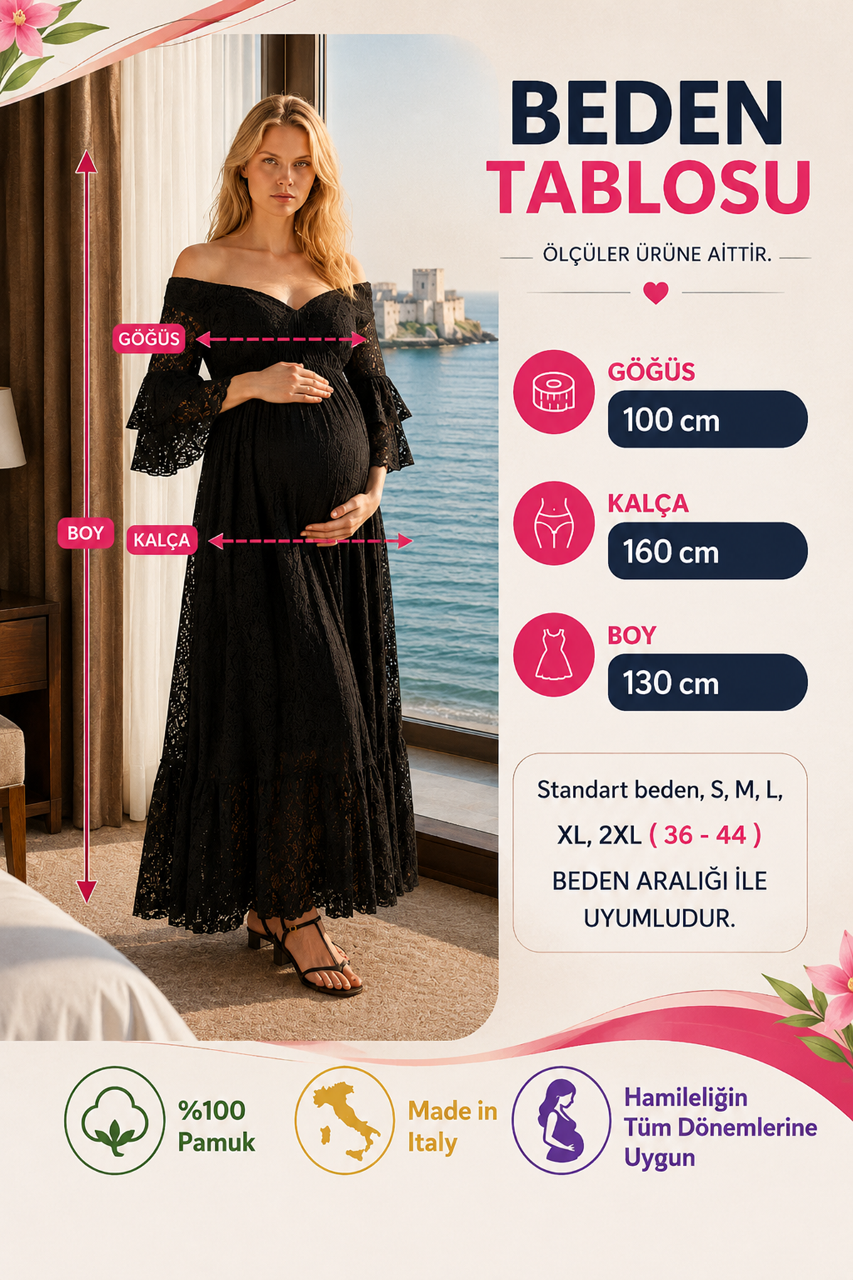 Black Cotton Lace Maternity Dress Lined V Neck Italian Fabric Style