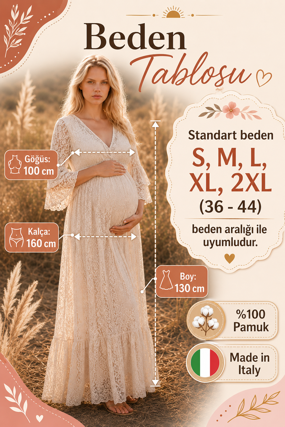 Beige Maternity Dress Lace 100% Raw Cotton Italian Fabric Summer Long Outdoor Photoshoot Special Occasion Style