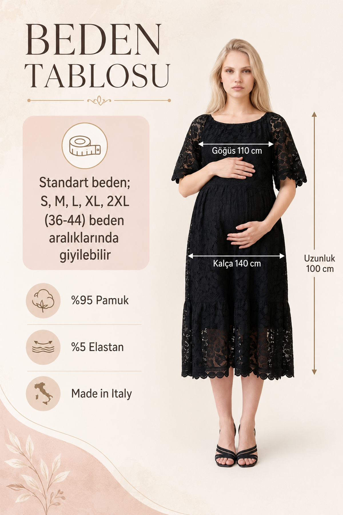 Women Black Maternity Dress Midi Cotton Lace Summer Lined Italian Fabric