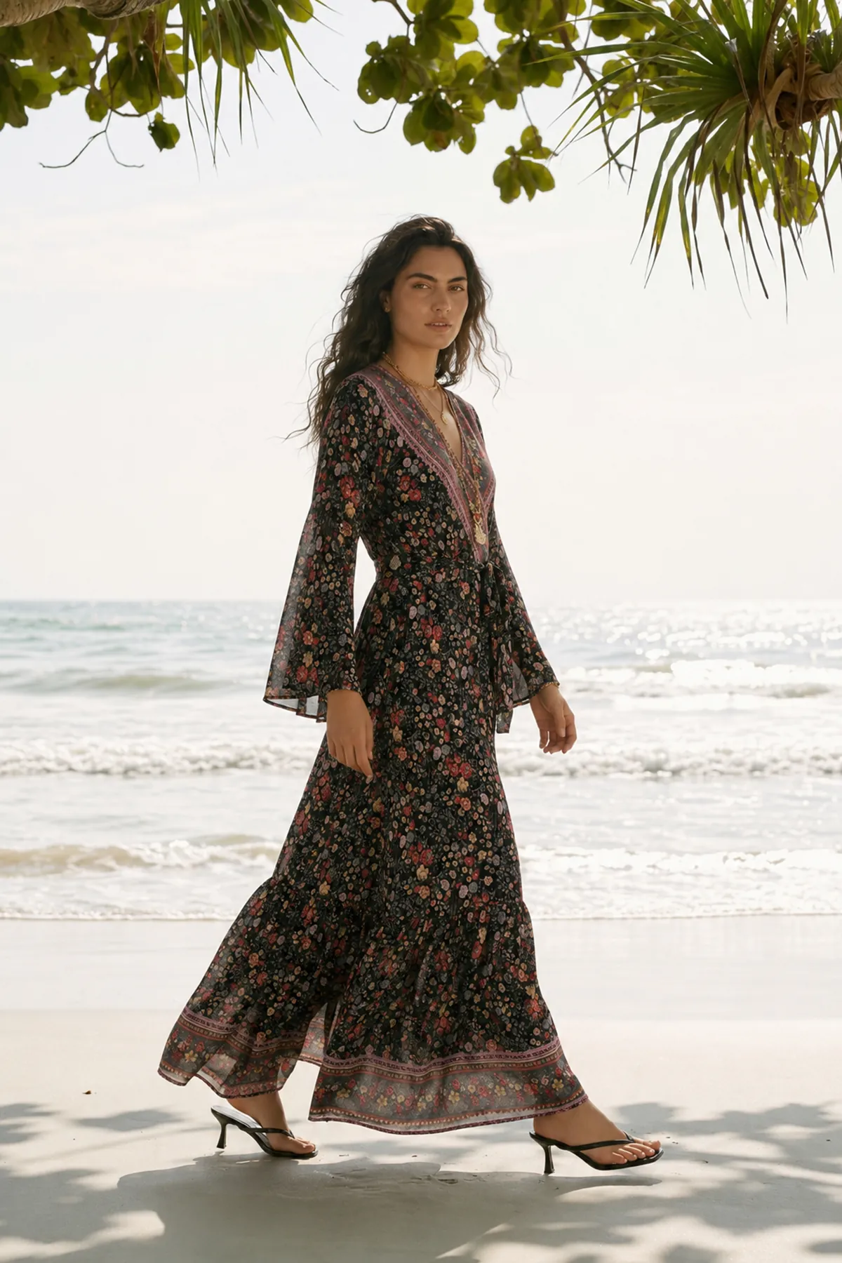 Çiçekli Siyah Viskon Kimono Elbise Yazlık Uzun Kruvaze Yaka Kuşaklı Bohem Model