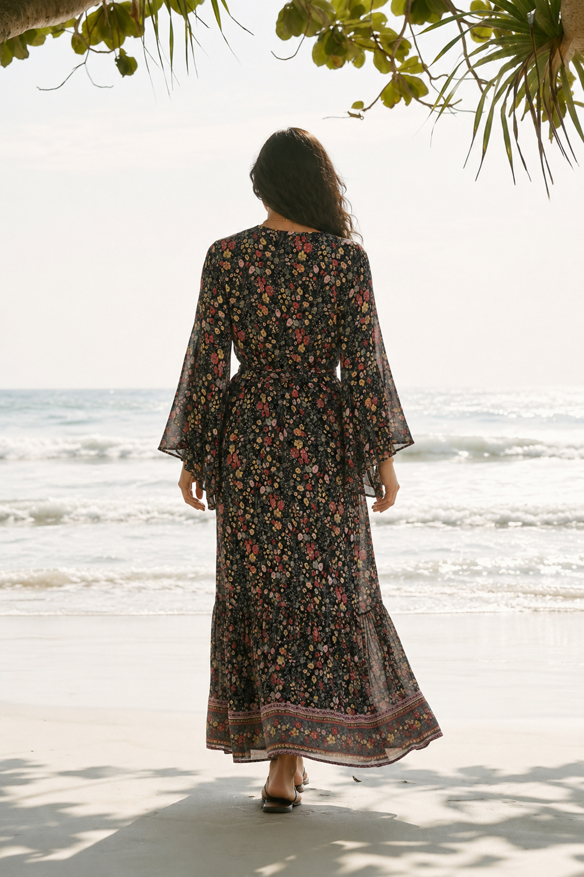 Floral Black Viscose Kimono Dress Summer Long Wrap Neck Belted Boho Plus Size Style