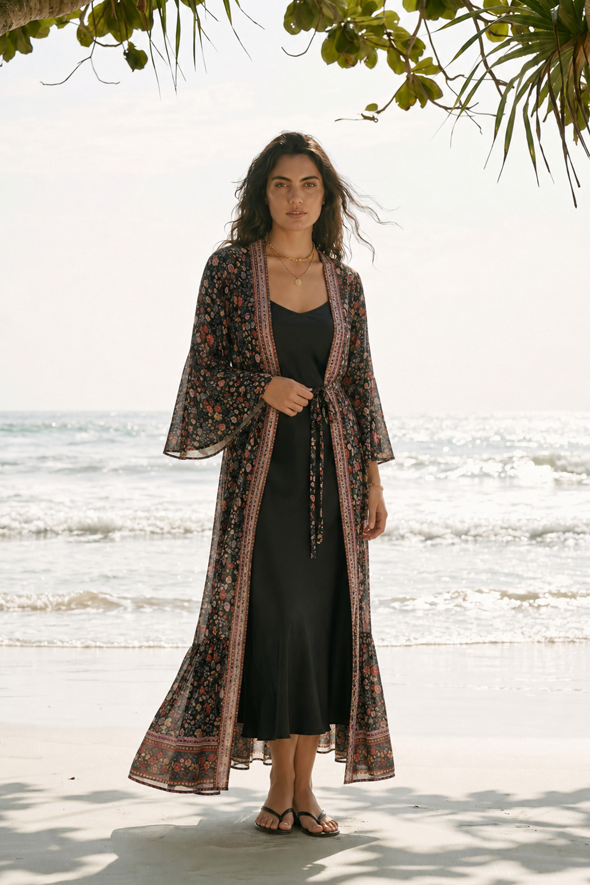 Floral Black Viscose Kimono Dress Summer Long Wrap Neck Belted Boho Plus Size Style