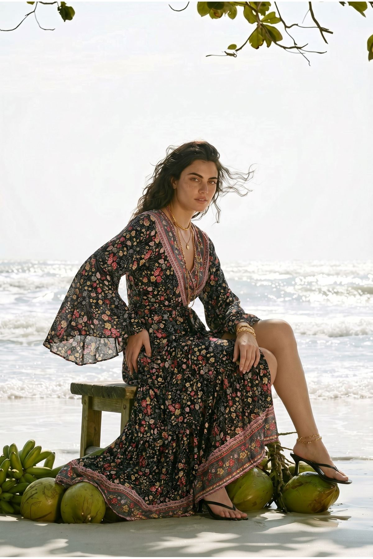 Floral Black Viscose Kimono Dress Summer Long Wrap Neck Belted Boho Plus Size Style